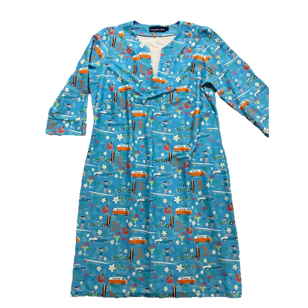 Katherine Way Women's L Vero Beach Tunic Dress in Good Vibrations Blue